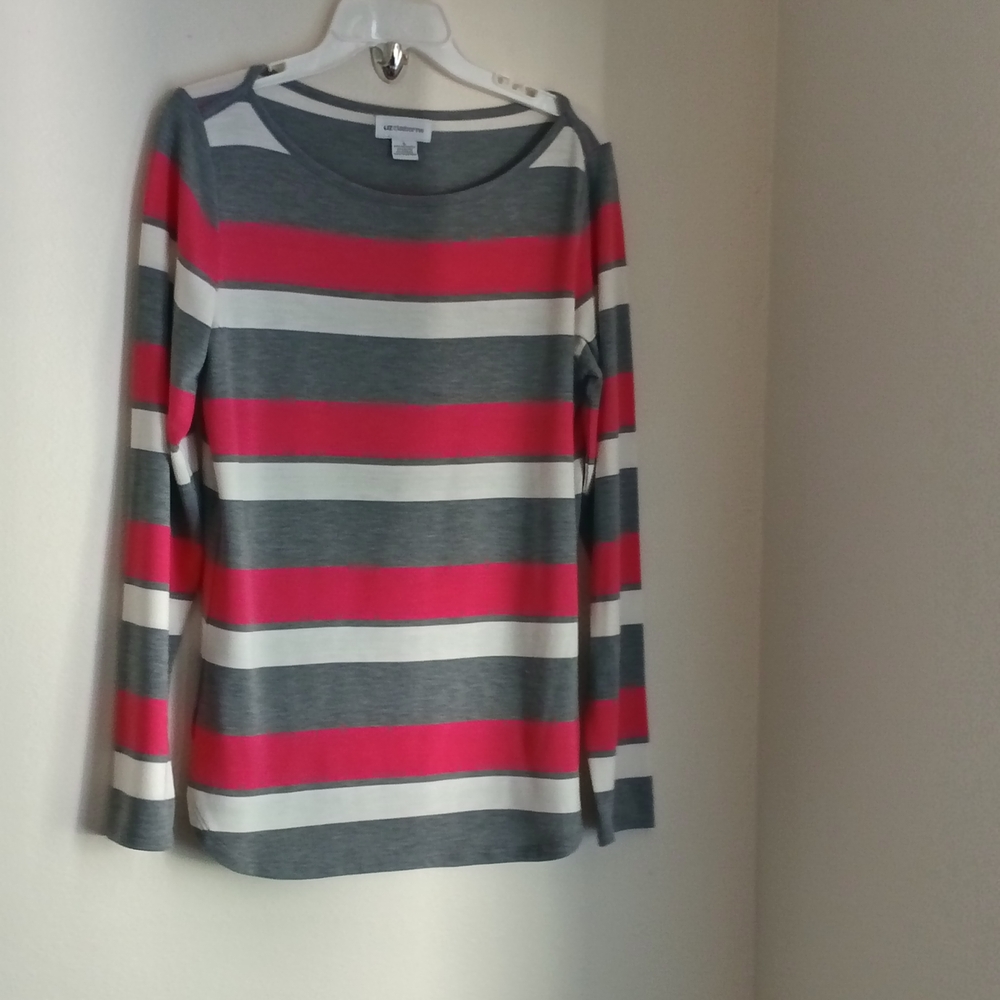 Liz Claiborne Blouse Women Large Red & Gray Fitted Long Sleeve Academia Office